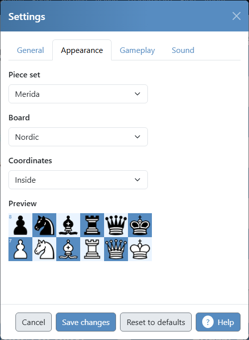 Appearance tab of the settings dialog